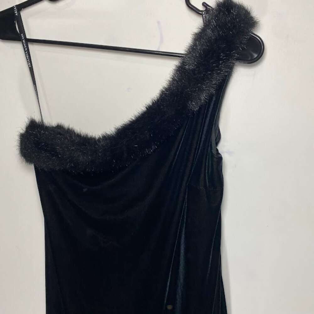 Arianna by Rachel Kaye Black Velvet Fur One Shoulder Dress - Picture 2 of 5